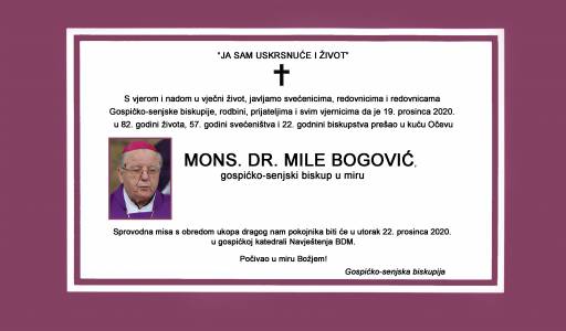 Obavijest o sprovodnom obredu biskupa Mile Bogovića